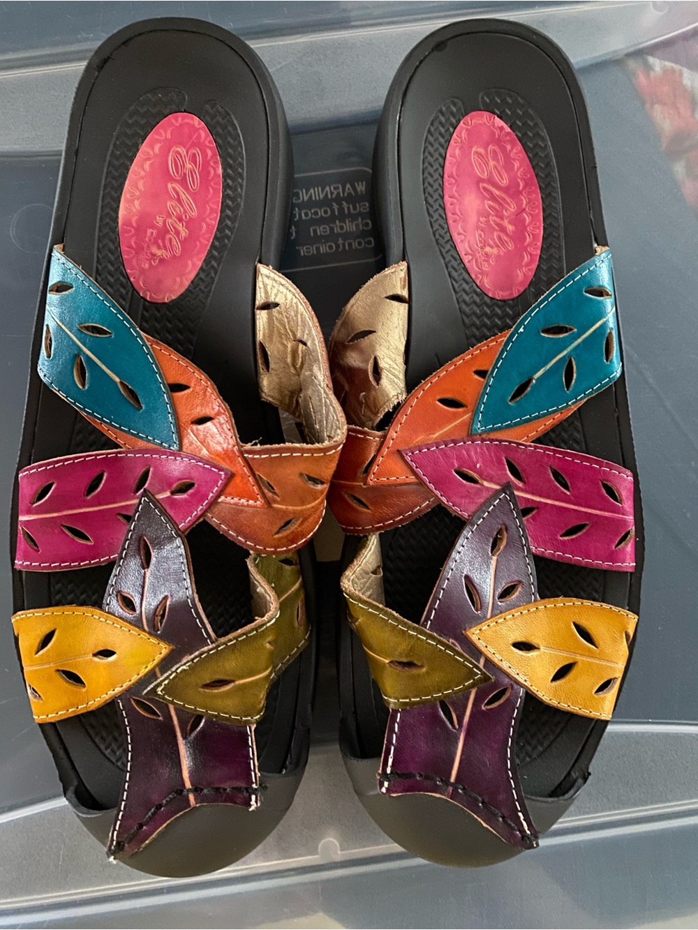 Elite By Corkys 10 Sandals Leather Upper Slide On Shoes Colorful Leaf Design